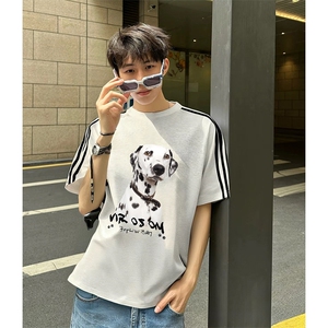 抖音得物高品质二开240克宽松纯棉美式潮牌三条杠织带短袖T恤图片