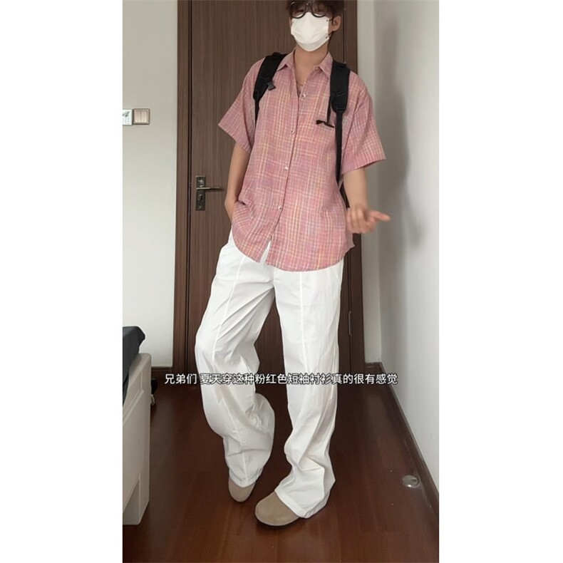 现货CS21-特P32夏季薄款男女宽松格子短袖衬衫半袖寸衣外套,男装T恤,电商B327