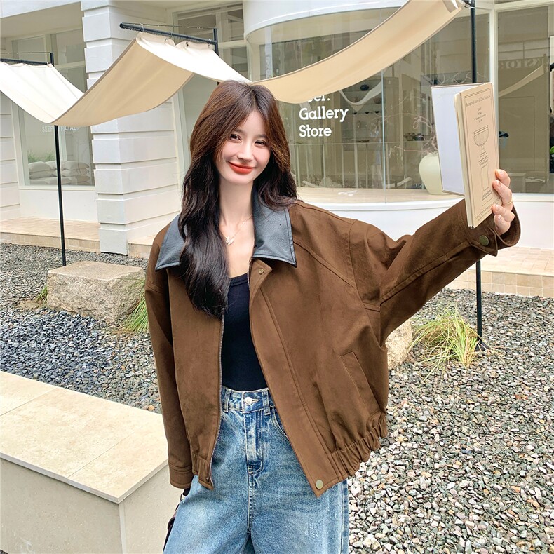 美拉德麂皮绒外套女宽松2025秋新款甜酷风小个子百搭短款夹克上衣,女装短外套,2C126