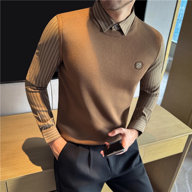 秋冬毛衣休闲商务假两件针织衫条纹衬衫领拼接高级感M9508-P98,男装针织衫/毛衣,电商A213