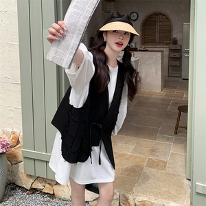 新中式黑色流苏马甲套装女2024春秋季新款显瘦灯笼袖短裙两件套图片