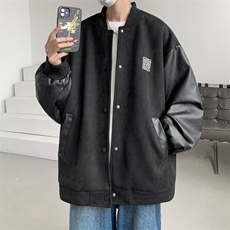 ！男士鹿皮绒夹克PU皮拼接棒球服外套JK191P85加棉P100控138，男装夹克，电商B220