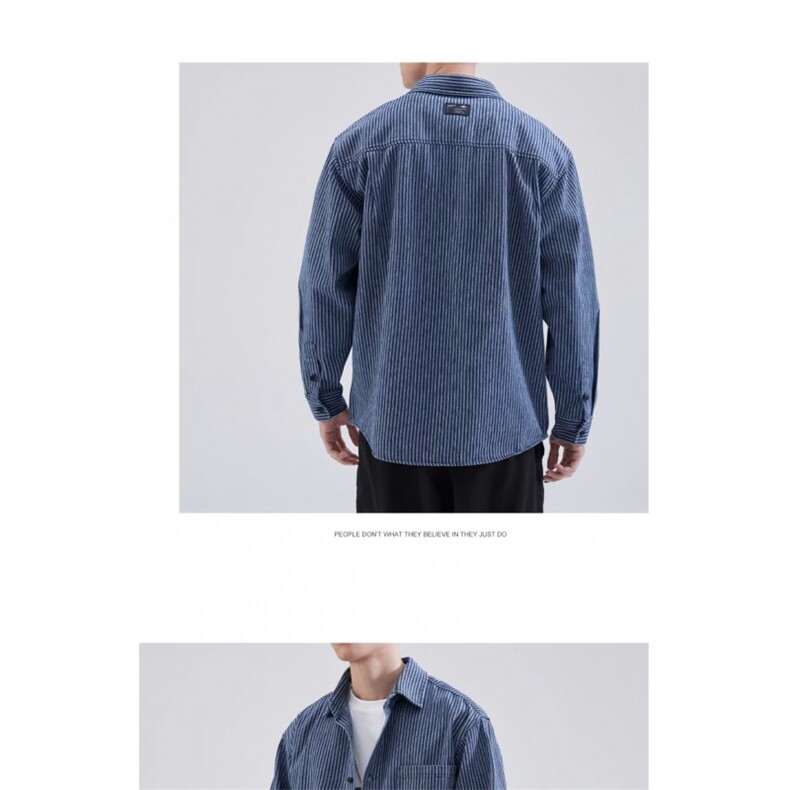 1506/QC1600/P54蓝色条纹衬衫男款潮牌日系宽松休闲牛仔衬衣外套,男装衬衫,星座1506