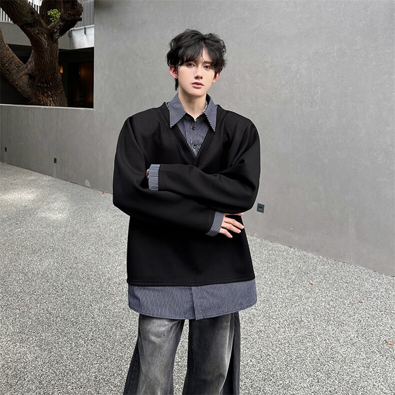 现货假两件拼接撞色翻领美式潮男百搭长袖T恤A071-3304-P55,男装T恤,电商A071