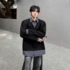 现货假两件拼接撞色翻领美式潮男百搭长袖T恤A071-3304-P55，男装T恤，电商A071