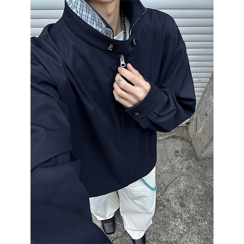 春季撞色格子搭扣立领夹克cleanfit短款外套男C61316-TP5598,男装夹克,电商A102