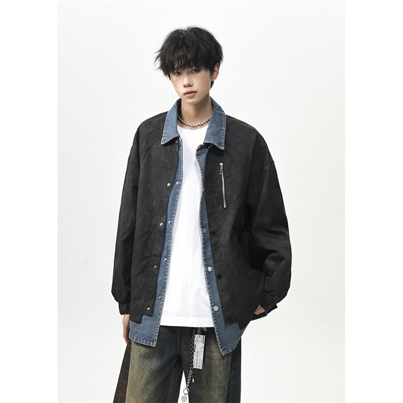 假两件牛仔外套男士潮流痞帅扎染翻领夹克25XJ55231特批75,男装夹克,电商A042