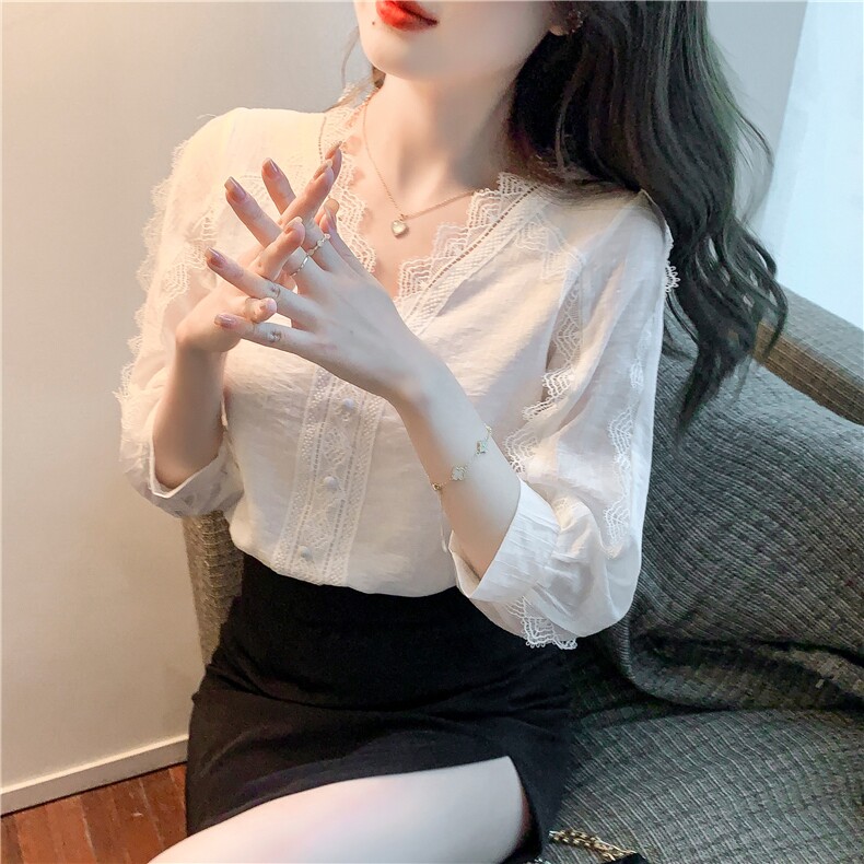 2022春夏新款白色七分袖蕾丝拼接雪纺衫衬衫气质V领上衣,女装蕾丝衫/雪纺衫,美吧服饰