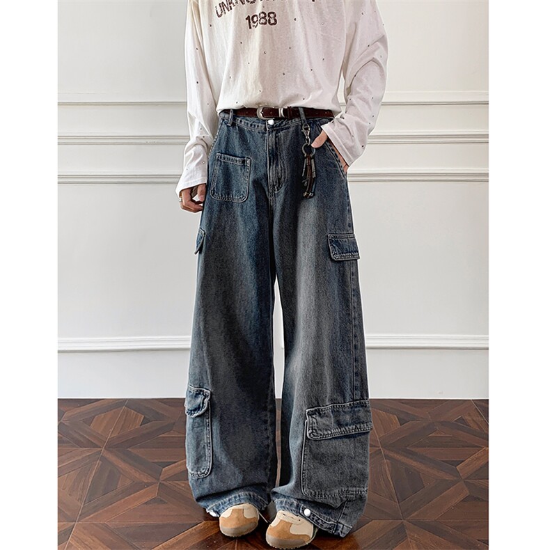 特批P46无差价秋季美式复古水洗拼接多口袋直筒宽松牛仔裤男N5318，男装牛仔裤，电商A001-1