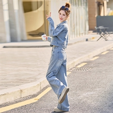 2025春季时髦气质重工镶钻翻领单排扣牛仔套裤时尚套装两件套腰带，女装套装/套裙，浪花E族（衣布洛）