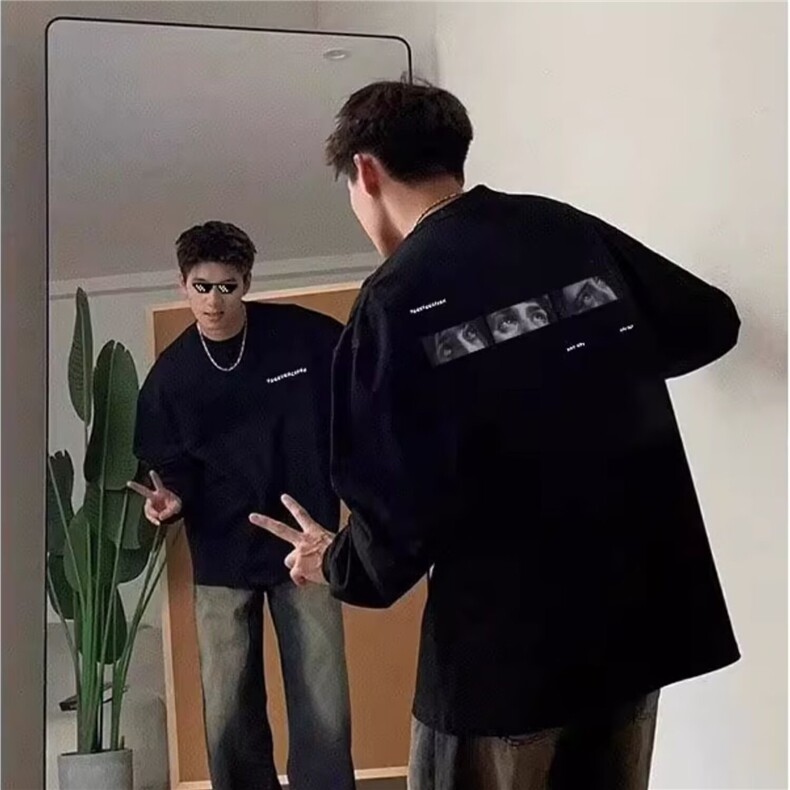 ins春秋季潮牌长袖印花打底衫男士青少年宽松圆领打底衫T恤上衣男,男装T恤,星座506A