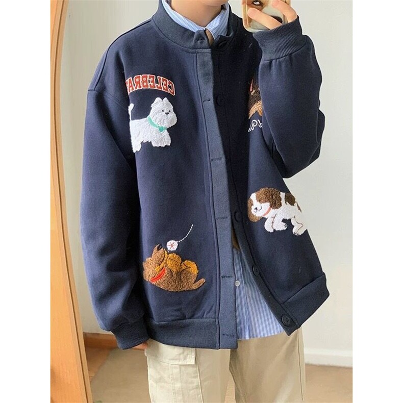 春秋美式复古刺绣卡通小狗棒球服外套男情侣夹克开衫男W6540-P62,男装夹克,星座412-1