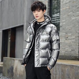 新款主推2021冬季连帽棉衣男修身大码亮面棉服加厚保暖外套P90图片