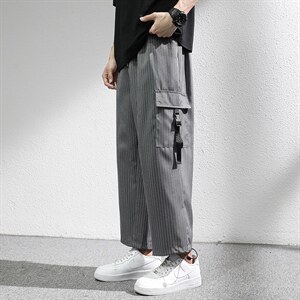 7XL-M痞帅条纹裤子男夏新款港风宽松直筒裤加肥加大码垂感九分裤图片