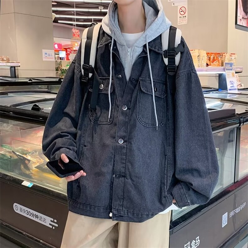 痞帅牛仔夹克男春秋潮牌连帽宽松百搭外套潮流假两件上衣J2060,男装夹克,星座1116A-1（原606A）