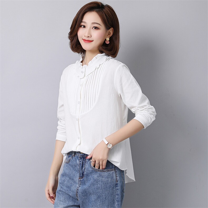 秋装木耳领衬衫女长袖韩版宽松百搭纯色前短后长百褶衬衣女上衣，女装衬衫，风姿绰