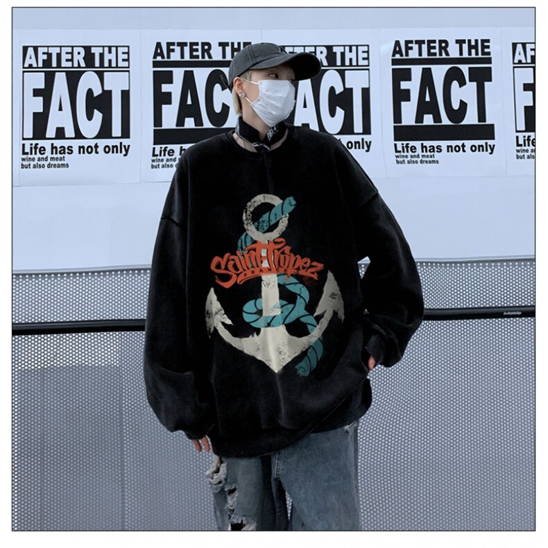 水洗做旧vintage美式重磅卫衣男春秋潮牌oversize高街硬挺打底衫,男装卫衣,星座517A