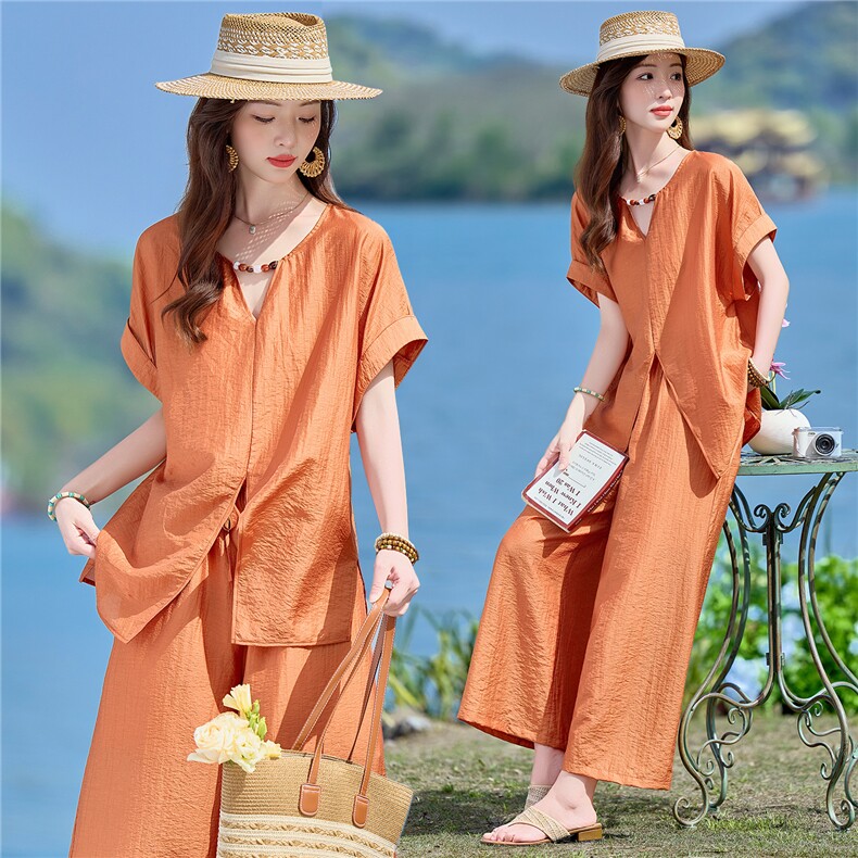 2026年夏季时尚天丝V领宽松阔腿裤裙裤套装女两件套，女装套装/套裙，依路服饰