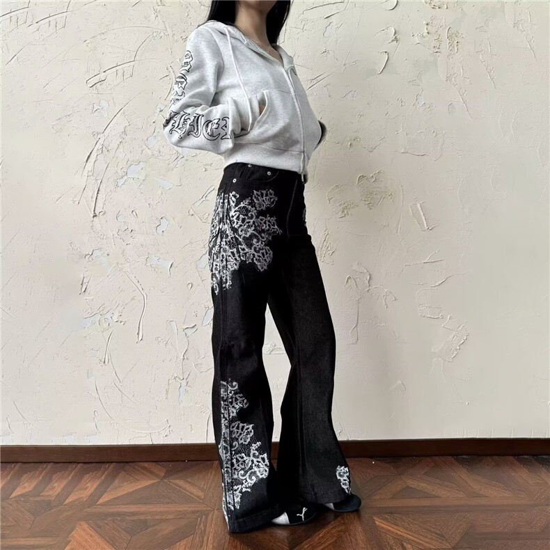 美式复古花卉印花微喇牛仔裤男女宽松百搭阔腿直筒长裤L91844-P52,男装牛仔裤,星座1008