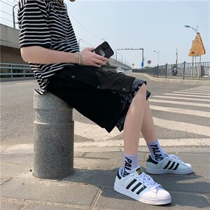 腰果花假两件排扣短裤男夏季潮牌高街宽松五分裤潮流中裤DK02-P28