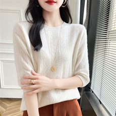 春装洋气显瘦羊毛衫女圆领短袖毛衣上衣内搭针织打底衫T恤1，女装羊毛衫，哲奥羊绒