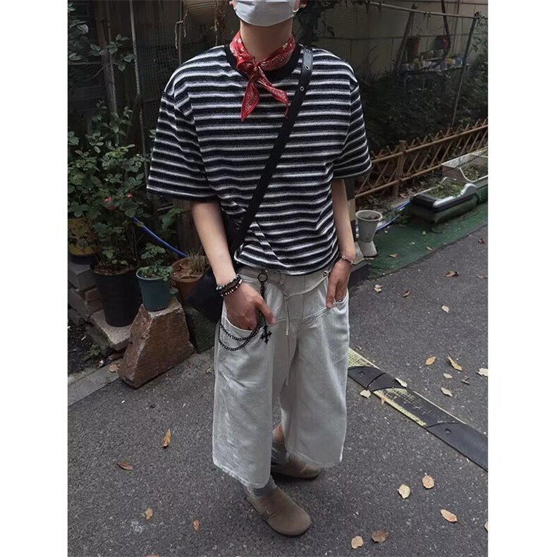 黑白条纹纯棉短袖t恤男女2025夏季度假穿搭新款冰丝正肩情侣半袖图片