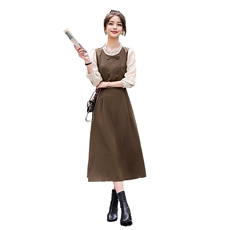 2024年春季新款时尚拼接假三件连衣裙修身显瘦木耳边领裙子，女装连衣裙，流量+