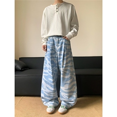 港风秋款男牛仔裤波浪纹褶皱迷彩宽松直筒长裤K7029P52，男装牛仔裤，星座1013-1