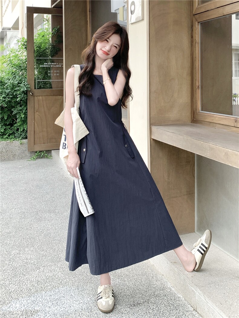 简约休闲显瘦背心连衣裙女2025年夏季新款韩系收腰无袖百搭长裙子,女装连衣裙,琦鑫阁（原依鑫阁）