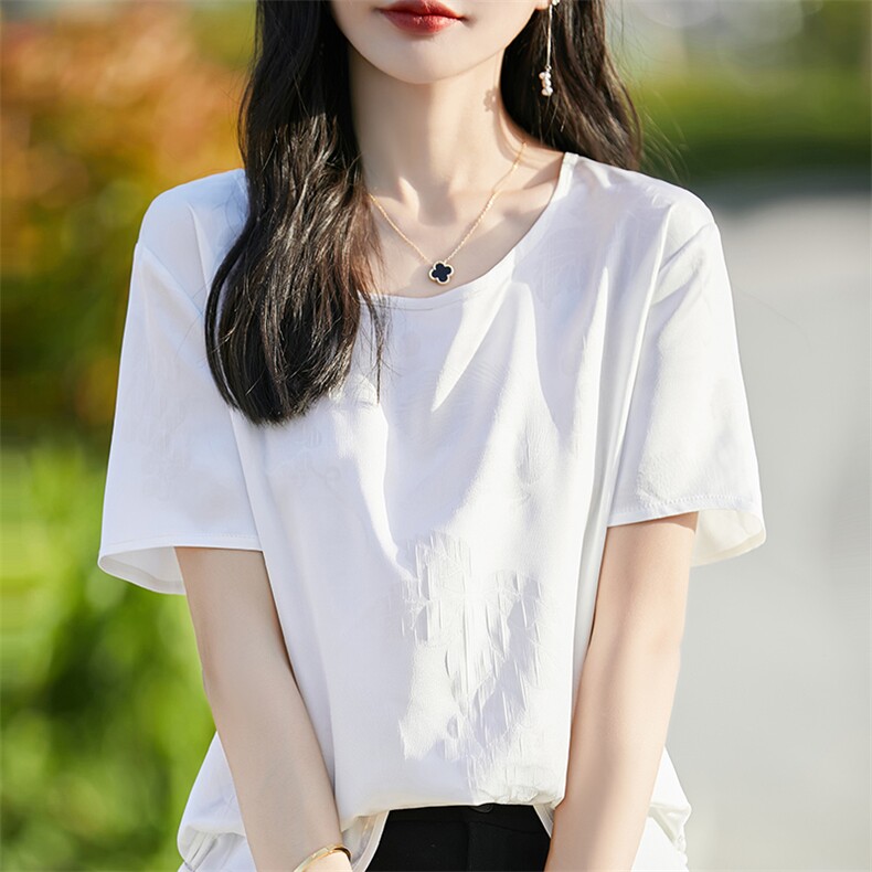 新款中式高级真丝缎面香云纱短袖上衣套头衬衫提花国风宽松白色体,女装T恤,佳绒高端店