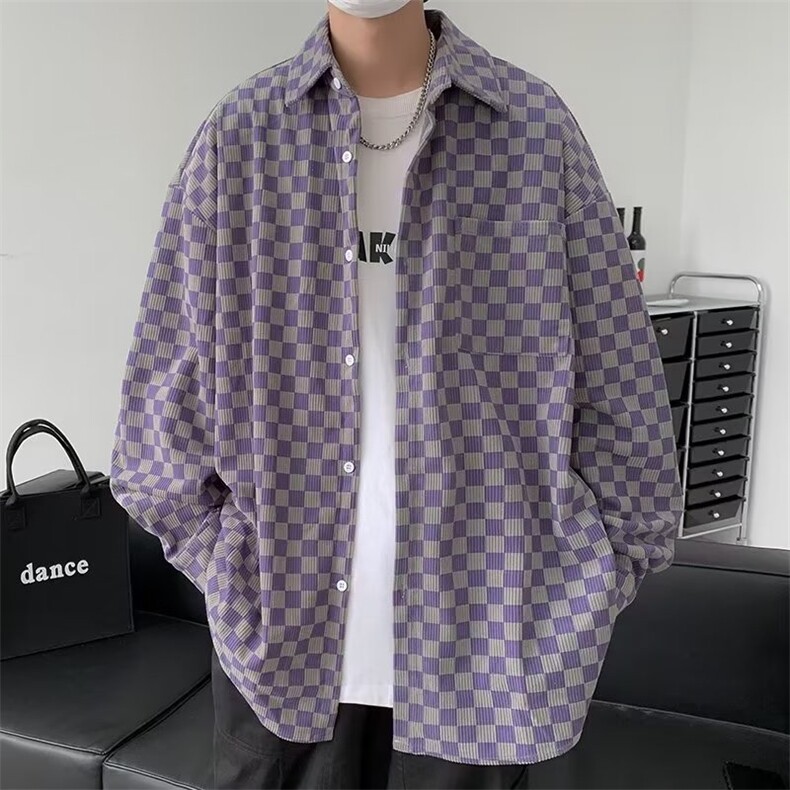 灯芯绒棋盘格衬衫男长袖小众春秋衬衣休闲外套港风日系CS323P40,男装休闲裤,星座410-2