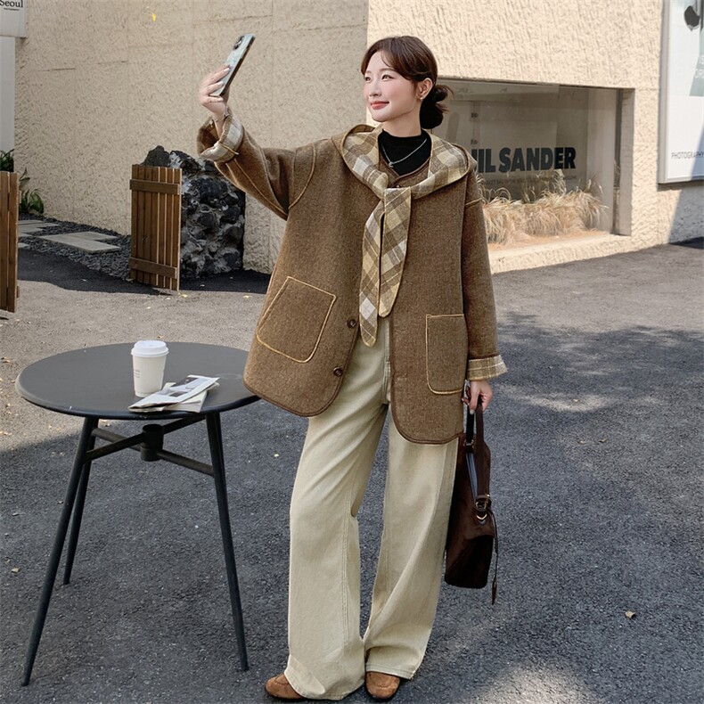 两面穿格纹连帽毛呢外套女2025秋冬新款小个子宽松减龄呢子大衣潮,女装短外套,2C095