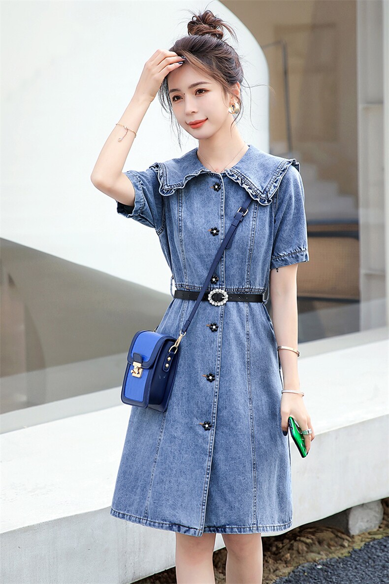 时尚显瘦牛仔连衣裙女夏季新款韩版气质修身短袖裙子,女装连衣裙,秋水欣儿