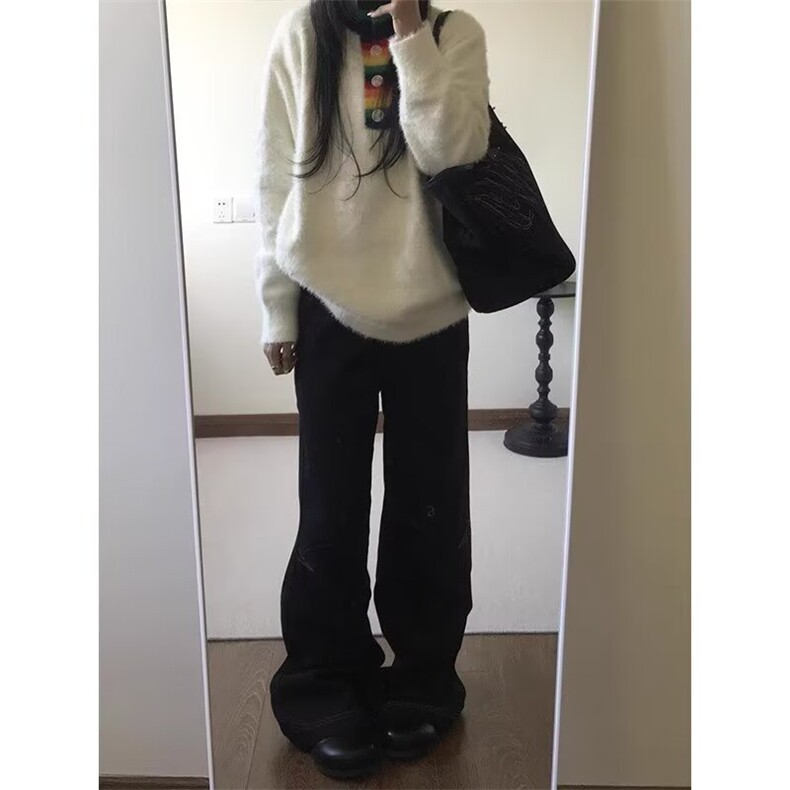 彩虹毛织拼接V领毛衣女秋冬宽松慵懒风设计感小众套头针织衫上衣,男装针织衫/毛衣,星座506A