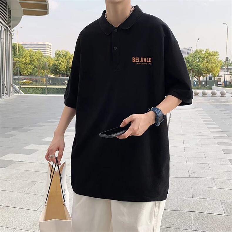 美式复古夏装POLO衫男夏潮流翻领ins宽松T恤T369P30图片