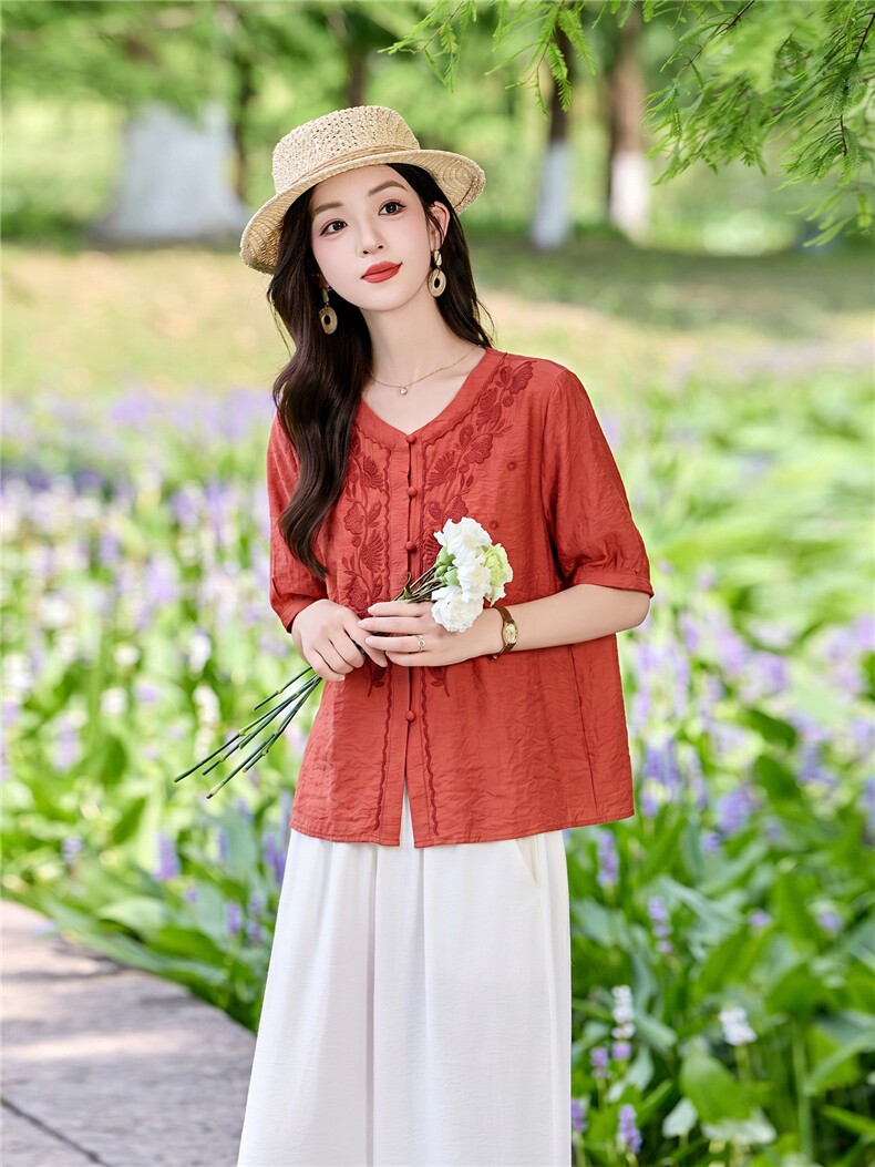 时尚洋气刺绣棉麻套装女2026夏季新款宽松遮肉显瘦阔腿裤两件套,女装套装/套裙,魅影