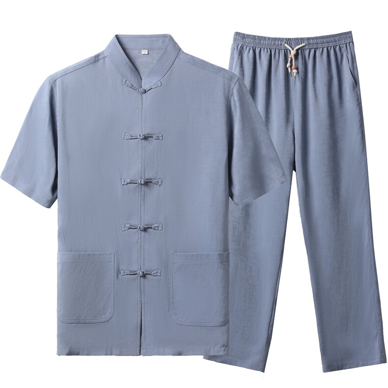 主推唐装中老年中式立领短袖套装夏装男风汉服爷爷装短袖套装，男装中老年男装，钱塘723