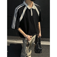 得物抖音高品二开240克纯棉美式高街痞帅翻领POLO织带短袖T恤，男装T恤，电商A486-1