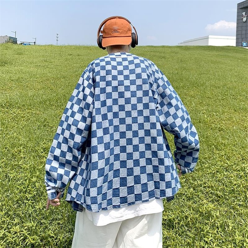 秋冬港风大码棒球服长袖夹克上衣外穿格子牛仔衣外套潮F17/P65,男装工装外套,电商A221A