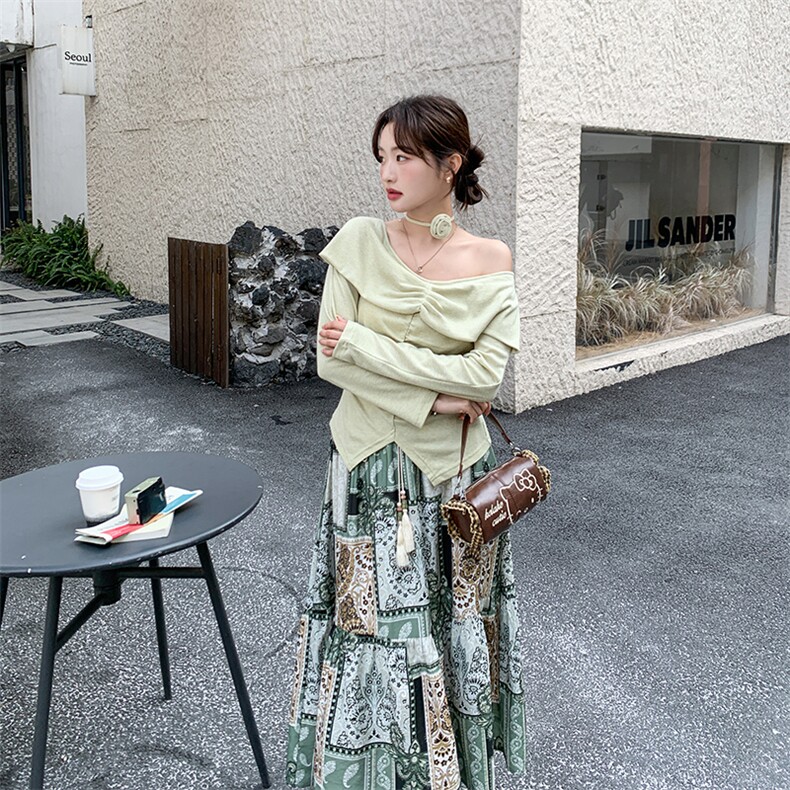 2026新款露肩上衣+花色半身裙两件套,女装套装/套裙,纯色衣恋