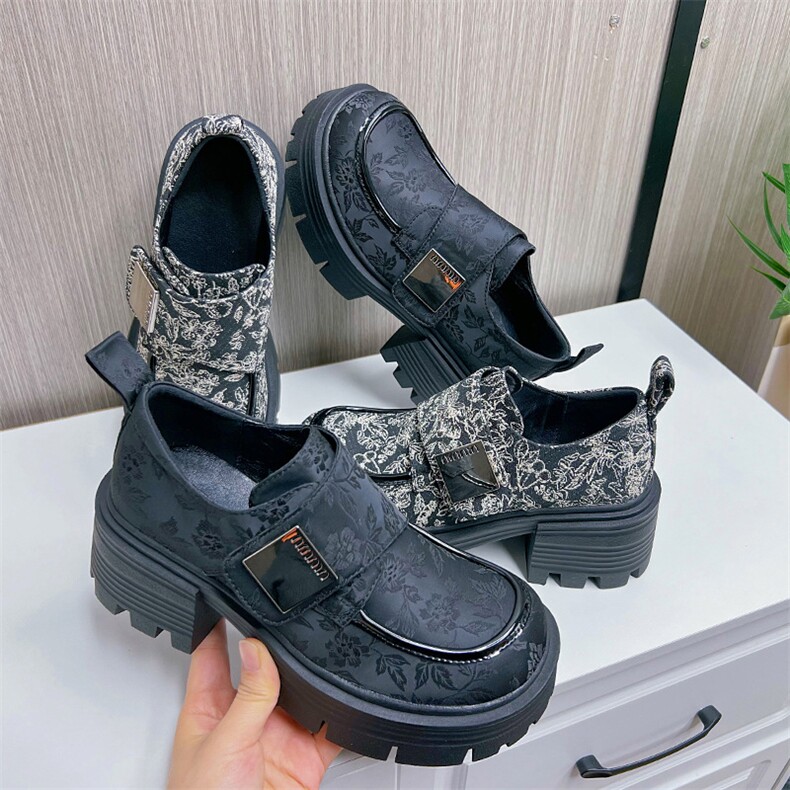 花布乐福鞋2024春季新款百搭粗跟玛丽珍鞋休闲复古真皮女鞋，女鞋单鞋，电商A223