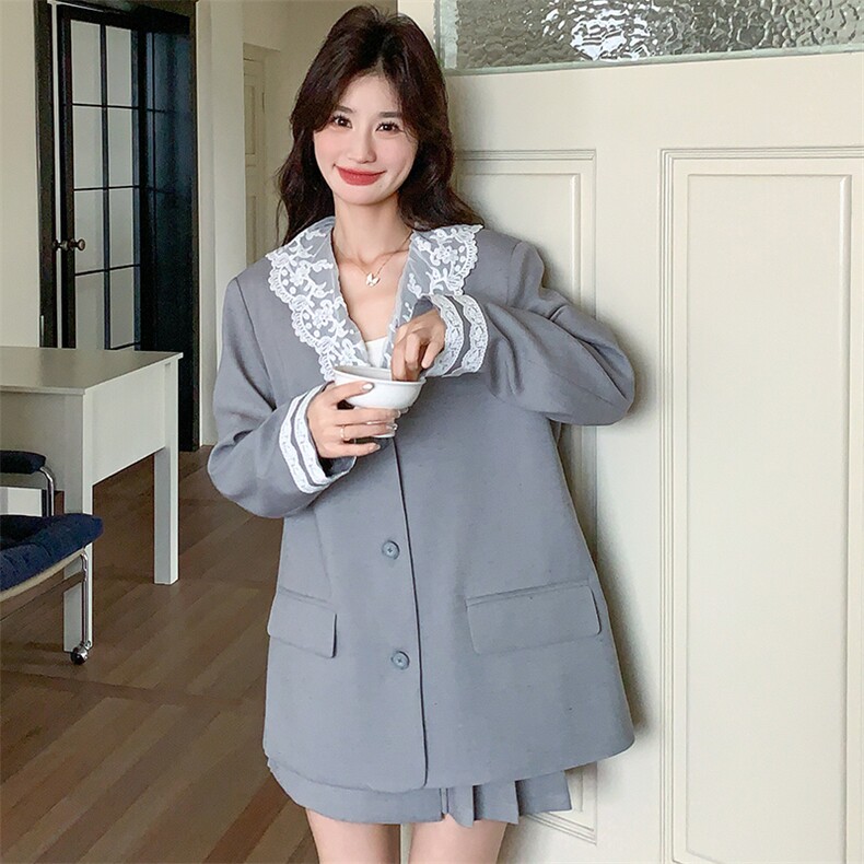 高级感炸街小西装套装裙女春天2025新款蕾丝拼接西服百褶裙两件套,女装套装/套裙,纯色衣恋