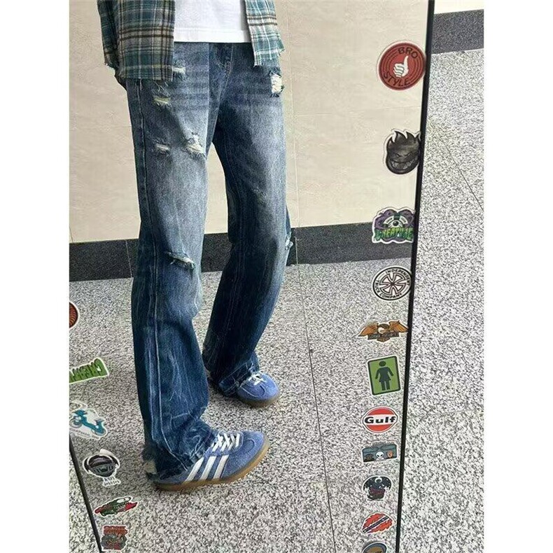 【有货】DYK6052-批48高质量浅蓝色闪电纹破洞显瘦宽松牛仔裤男,男装牛仔裤,星座603-2