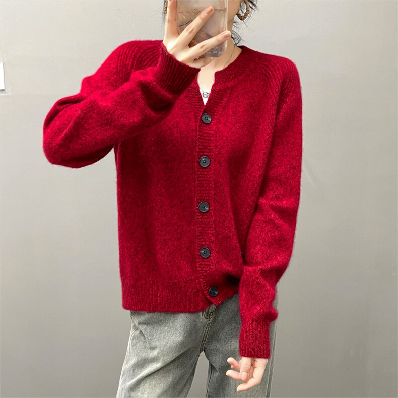 之he同款山羊绒花纱开衫圆领加厚宽松针织开衫外套毛衣女秋冬,女装羊绒衫,织绒羊