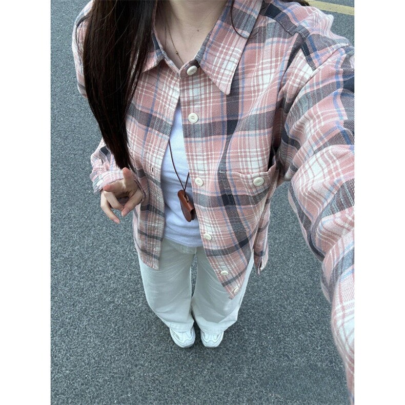 粉色多巴胺格子衬衫女款秋季正肩长袖别致衬衣韩系慵懒松弛感外套,男装衬衫,星座1116A（原606A-3）