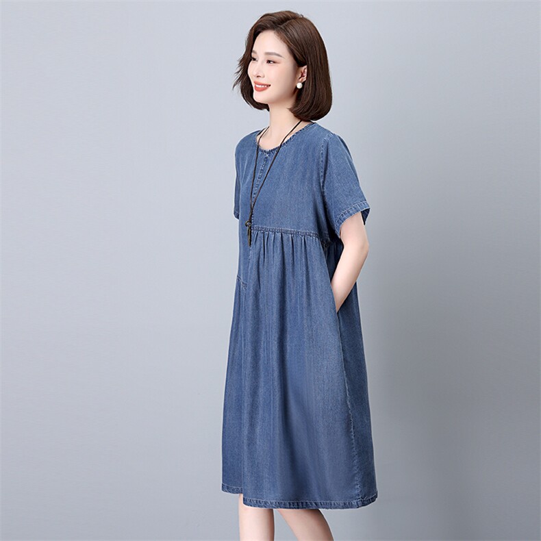 时尚显瘦牛仔连衣裙女夏季新款宽松大码短袖裙子,女装连衣裙,悦见她
