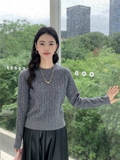 圆领针织衫女秋冬新款修身套头纯色上衣，女装针织衫/毛衣，玛卡隆羊绒