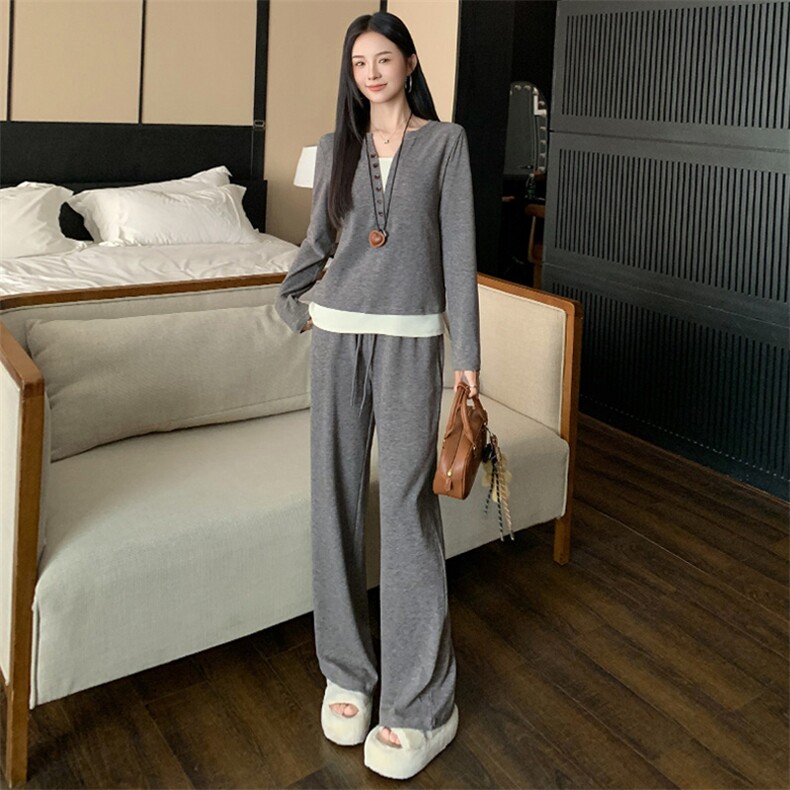 女春新款拼接色V领卫衣阔腿休闲裤两件套,女装套装/套裙,江南