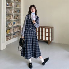 出货春新款格子拼灰色假两件连衣裙2C198-6826-P175K278，女装连衣裙，2C198