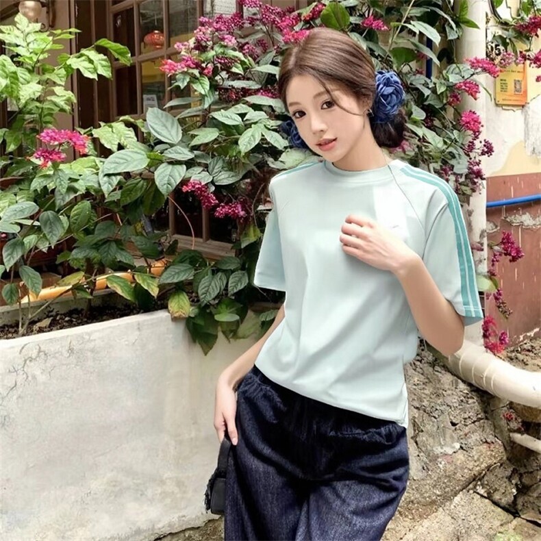 重磅纯棉三条杠条纹短袖T恤男夏季美式潮牌透气宽松情侣半袖体恤,男装T恤,电商A486-1